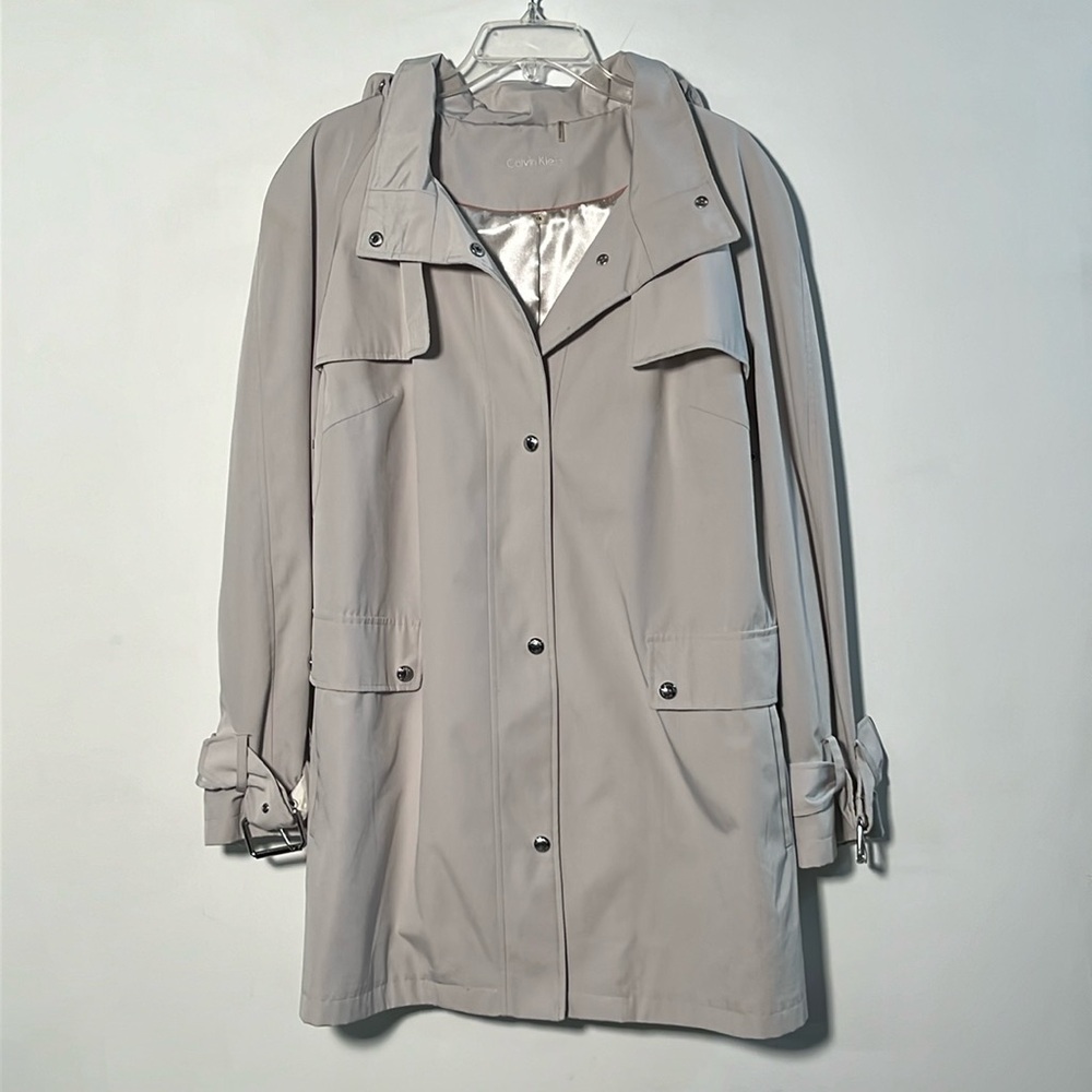 CALVIN KLEIN Career Casual Travel Snap Detach Hood Putty Rain/Trench Car Coat 1X